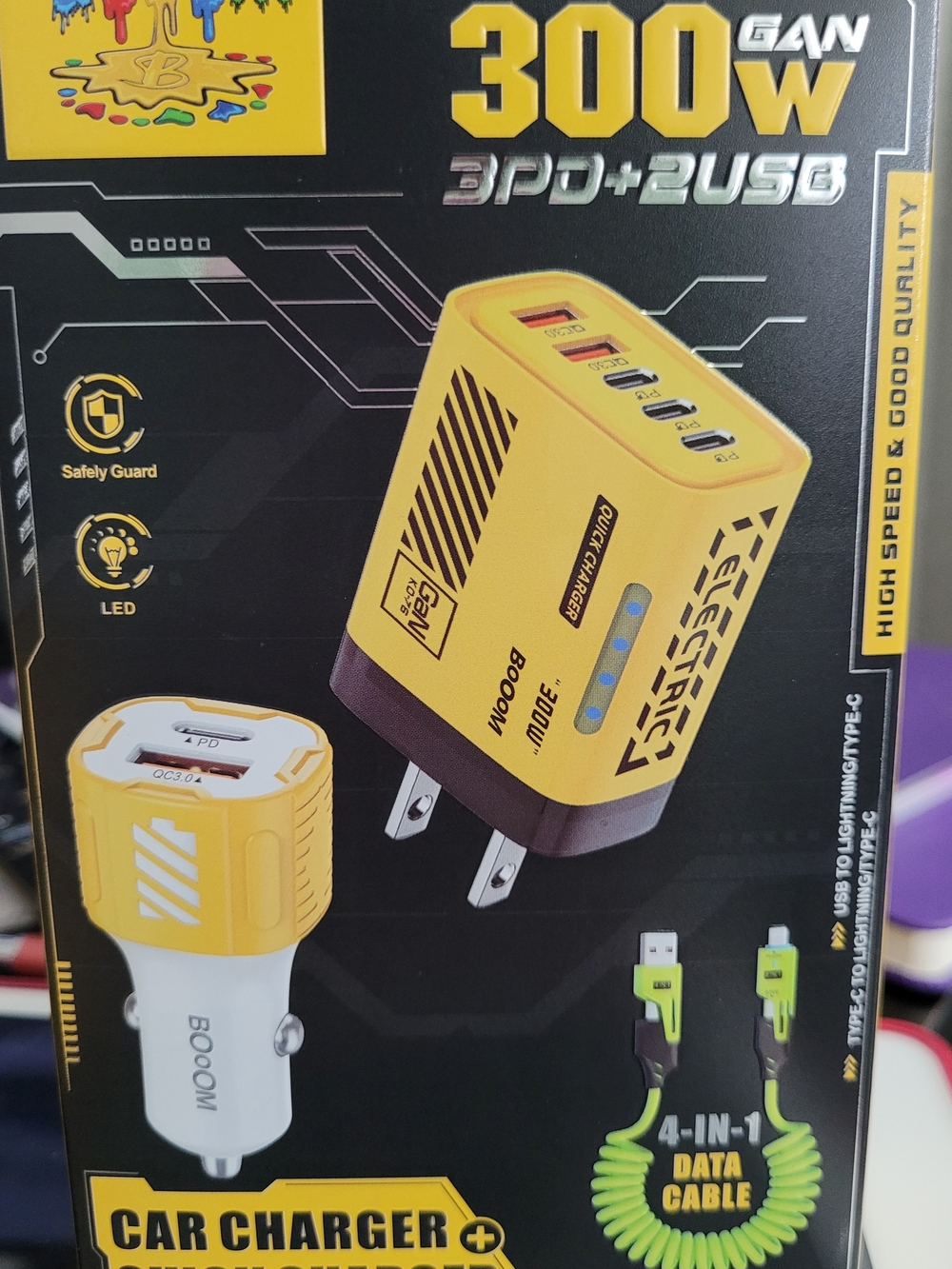 300W Yellow 3PD+2USB Fast Charger (Electronics Cell Phones & Accessories)
